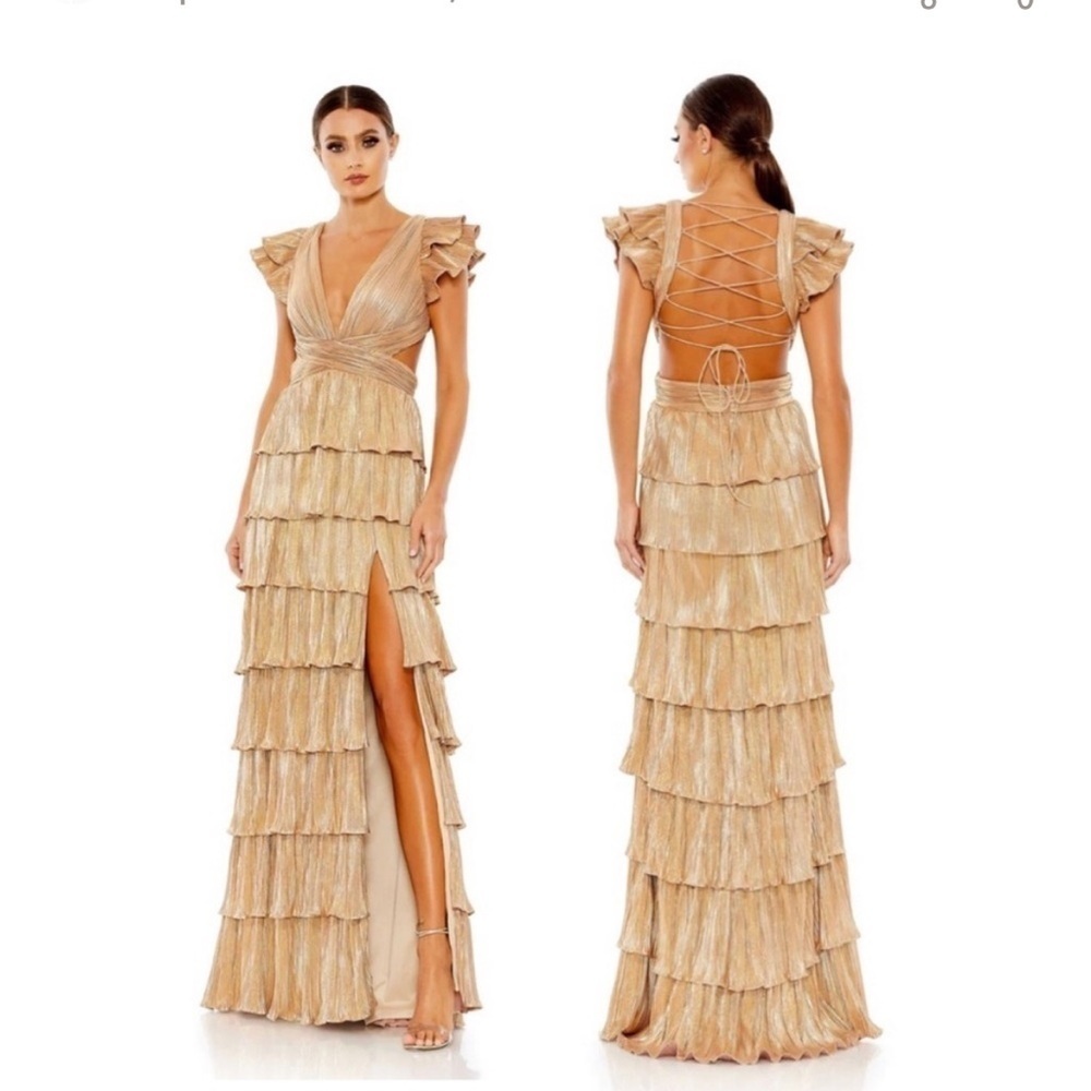 Mac Duggal Gold Ruffle Tiered Criss Cross Lace Up Gown Formal Evening Women’s 10
